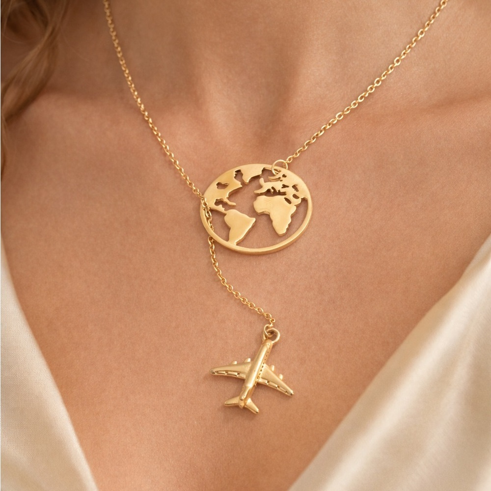 Traveller Airplane Gold World Map Necklace